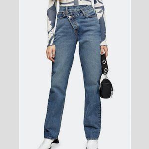 Topshop Mid Blue Wrap Over Dad Jeans